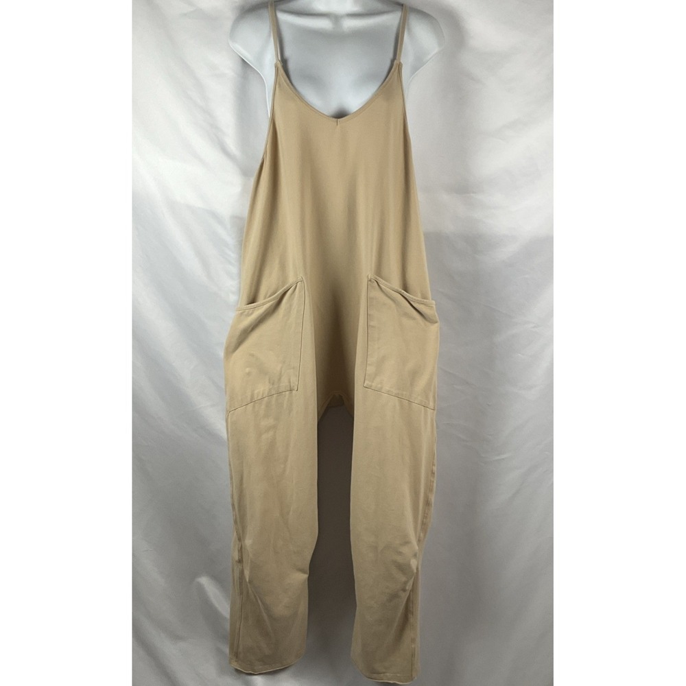 Automet Women's Size‎ S  Jumpsuit Wide-Leg V-Neck Pockets Casual Oversized Tan